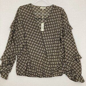 New Max Studio Brown Cream Floral Geometric Boho Print Ruffle Detail Blouse XL